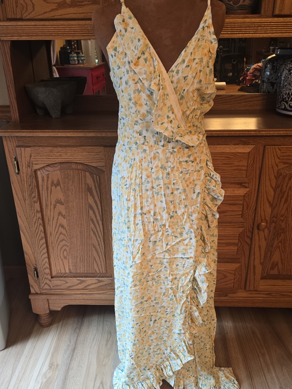 Women’s Yellow Floral Ruffle Wrap Maxi Dress
